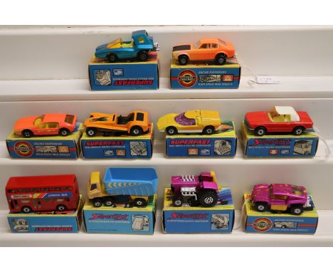 10 Boxed Matchbox 75 Series Superfast models to include 54 Ford Capri in orange, 20 Lamborghini in orange, 25 MOD Tractor in 