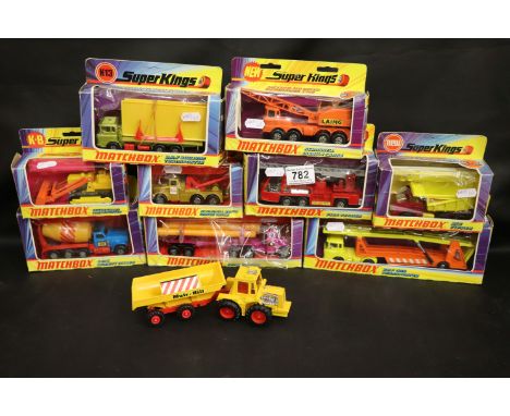Nine boxed Matchbox Super Kings diecast vehicles to include K-4 Big Tipper (box good, tear to window), K-6 GMC Cement Mixer (