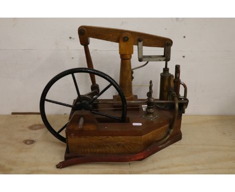 Stationary wooden, brass & metal steam engine, unmarked, 14" x 8" approx