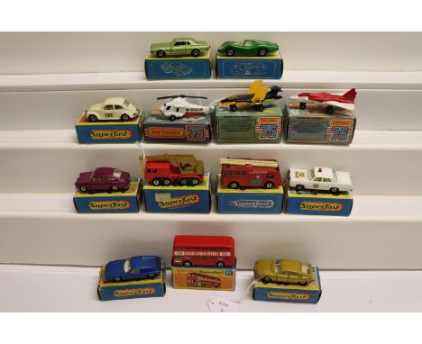 13 Boxed Matchbox 75 series and Superfast diecast models to include 45 Ford Group 6 in green, 74 Daimler Bus, 56 BMC 1800 Pin