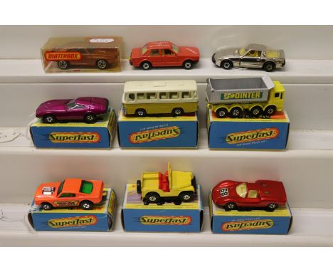 Six boxed Matchbox 75 Series Superfast models to include 52 Didge Charger Mk III in purple, 8 Wild Cat Dragster in orange, 12