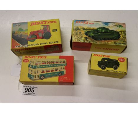 Four boxed Dinky diecast models to include 279 Aveling Barford Diesel Roller, 688 Field Artillery Tractor, 651 Centurion Tank