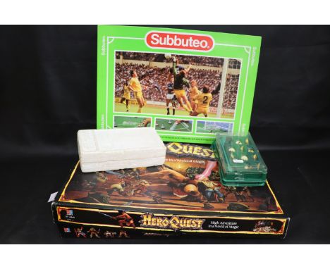 Boxed MB Games Hero Quest, boxed Subbuteo, 2 x LW Spurs teams (home & away, incomplete) and a Stylophone