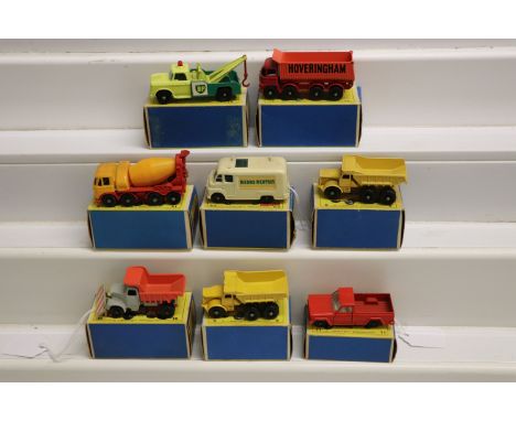 Eight boxed Matchbox 75 Series diecast models to include 13 Dodge Wreck Truck, 17 8 Wheel Tipper, 62 TV Service Van 'Radio Re