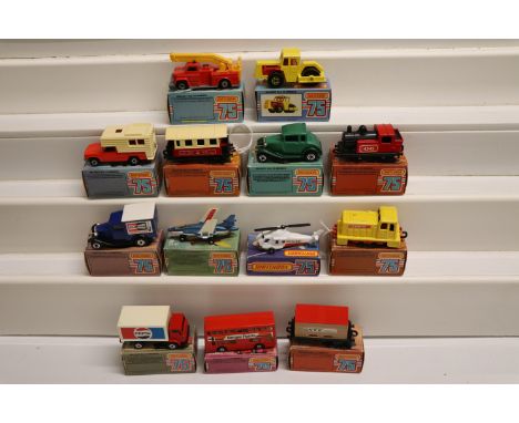 13 Boxed Matchbox 75 Series models to include 72 Bomag, 43 Steam Locomotive in red, 25 Flat Car/Container, 38 Camper in red &