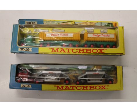Two boxed Matchbox King Size diecast models to include K-4 Fruehauf Hopper Train and K-16 Dodge Tractor with Twin Tippers, bo