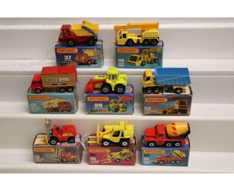 Eight boxed Matchbox Superfast 75 Series commercial models to include 37 Skip Truck, 15 Fork Lift Truck, 49 Crane Truck, 48 S