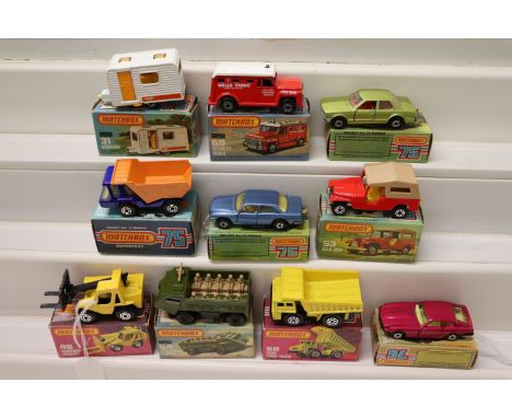 10 Boxed Matchbox 75 Series Superfast models to include 67 Datsun 260-7 in metallic pink, 55 Ford Cortina, 54 Personnel Carri