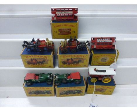 Seven boxed Matchbox Models of Yesteryear Y5 1929 4 1/2 (S) Bentley Y5 in green x 2, No 3, Y4 HOrse Drawn Fire Engine x 2, Y3