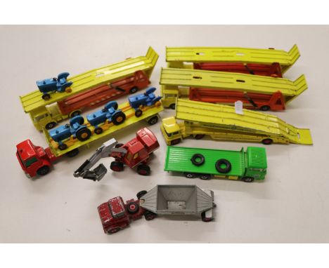 13 Matchbox Lesney diecast models to include Car Transporter x 4, King Size Fruehalf Hopper, Ford Tractor x 4 etc, play worn