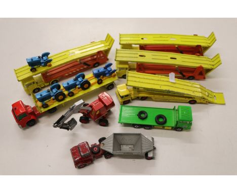 13 Matchbox Lesney diecast models to include Car Transporter x 4, King Size Fruehalf Hopper, Ford Tractor x 4 etc, play worn