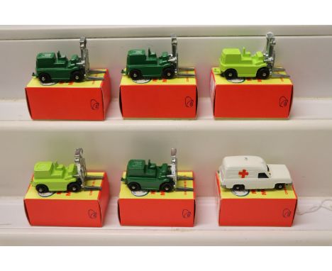 Six boxed Fun Ho! diecast Midget Scale Models to include five Fork Lift No.47 in green and one Ambulance No.35 in white. All 