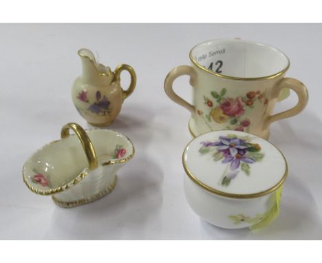 A Royal Worcester blush ivory tyg together with a miniature flat back jug, and patch box decorated with flowers&nbsp;