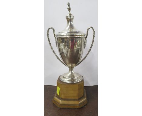 A covered silver two handled trophy cup, Worcestershire Hunt Point to Point, weight 9oz, with wooden base