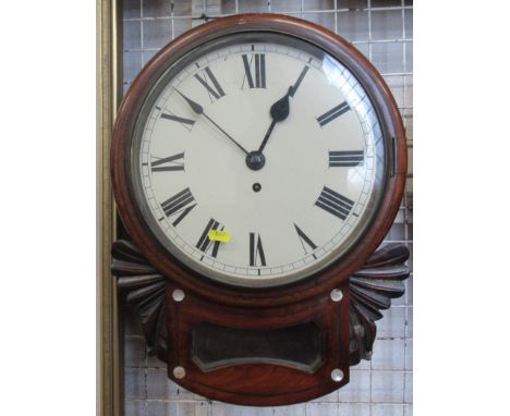 A 19th century mahogany drop dial wall clock, with mother of pearl inlay and carved decoration, height 20ins