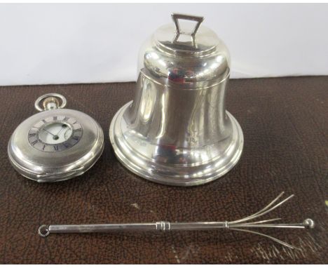 A silver bell inkwell, together with a pocket watch and swizzle stick