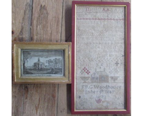 A 19th century tapestry picture, Paddington Church Middlesex, 1810, 4.5ins x 7ins, together with a 19th century tapestry samp