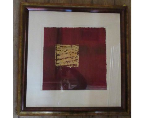 J Rogers, 2005, gold square on red ground, 15ins x 15ins, together with Jean Larious (French) print, fire place, 21.5ins x 15