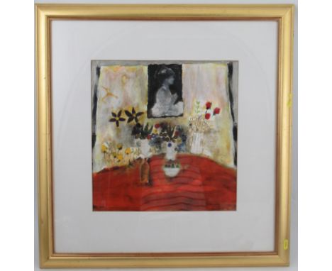 Leo McDowell, mixed media, Portrait with Flower Table, 15ins x 14.5ins