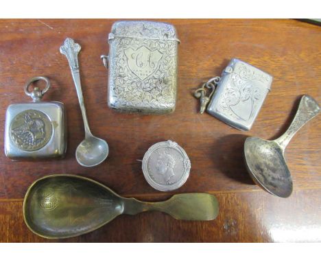 Two silver vesta cases, a silver caddy spoons and other pieces of sliver plate