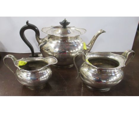 A silver three piece tea set, engraved with initials and date, Sheffield 1916, weight 28oz all in