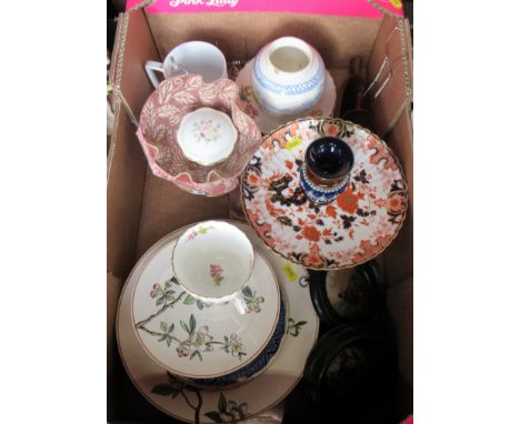 A box of china to include Doulton vase, Royal Crown Derby, prattware pot lids etc