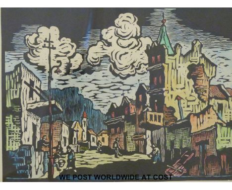 A lino print of a street scene, signed and dated Gregoire 1979, framed and mounted (22cm x 30cm)