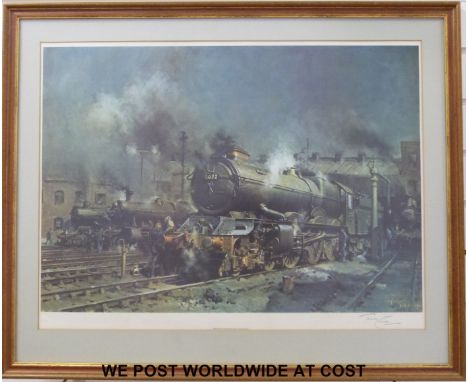 Terence Cuneo: "Preparing for Departure" signed print depicting the steam locomotive King Edward VII (56 x 72cm)