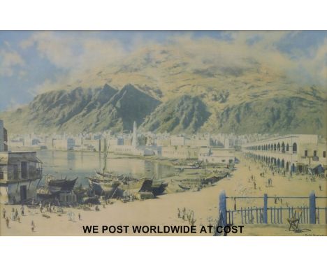 David Shepherd print 'Mukalla' boatyards and town around a bay (47 x 74cm)