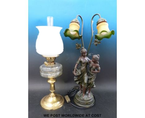A brass oil lamp with glass shade and a further decorative example in the form of two female figures
