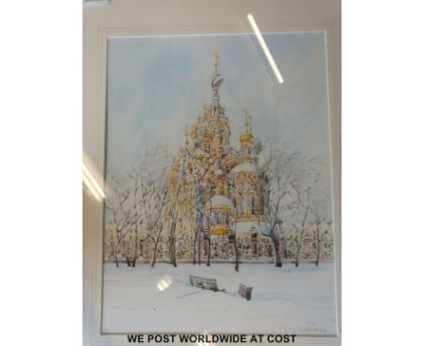 A watercolour of a water mill by P Le Cave (21cm x 31cm), together with a watercolour of a Russian building in snow, an oil o