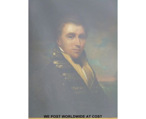 A 19thC oil on panel portrait of a naval officer with seascape and sailing ships beyond, in gilt frame (18cm x 15cm)