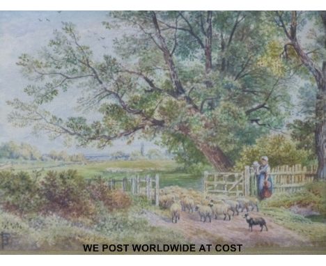 Attributed to Myles Birket Foster (1825 - 1899): Watercolour sheep being herded through a gate with lady looking on, monogram
