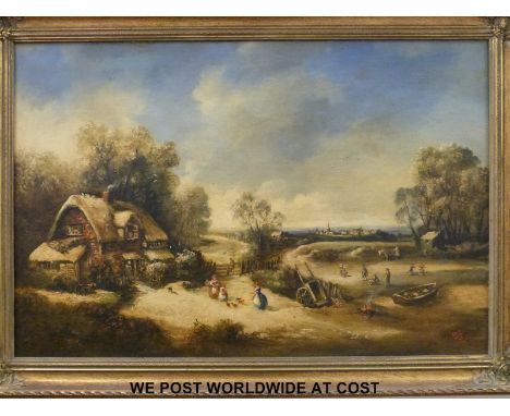Norman Henry French (1906-1984) oil on canvas, children playing by a cottage with village in the background. Signed bottom ri
