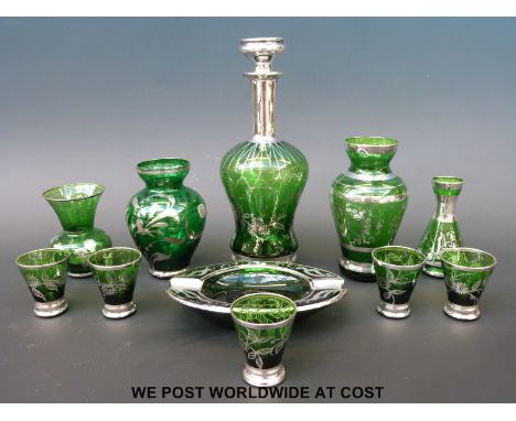 A silvered Venetian glass decanter, vases etc 