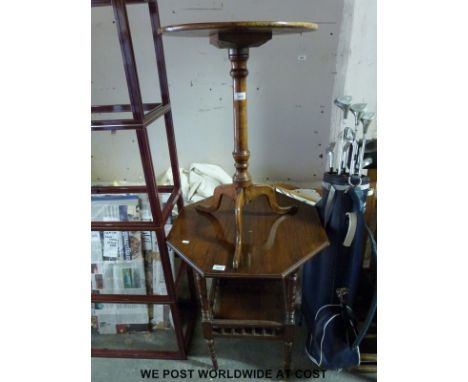 An octagonal walnut table (61cm in diameter) and a small oak circular tripod table (45cm in diameter) 