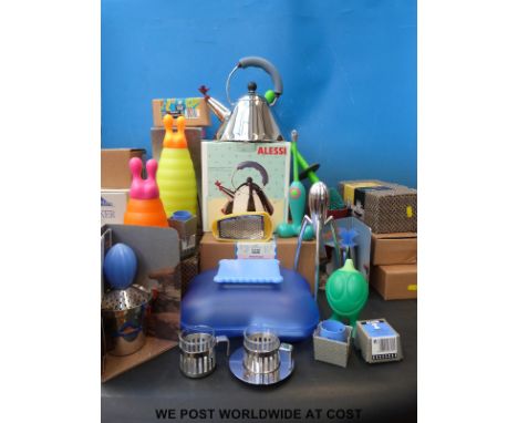 A large collection of boxed modern Alessi kitchen and homeware including kettle, 'Juicy Salif' lemon squeezer, 'Firebird' gas