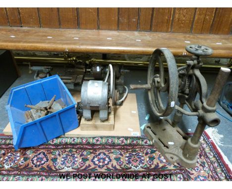A metal working lathe complete with motor and attachments plus an old style hand pillar drill 