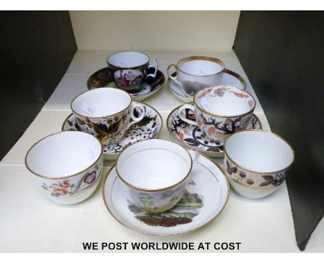 A collection of New Hall ceramics comprising two bat printed cups and saucers, two Imari patterned cups and saucers, a London