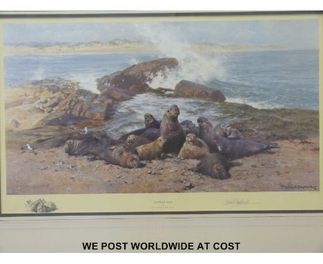 David Shepherd: Signed limited edition print "Elephant Seals" (270/1500) and an untitled David Shepherd print of lions, frame