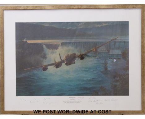 An Anthony Saunders signed limited edition (112/400) print 'Dambusters', with nine pencil signatures of crew members (35 x 54