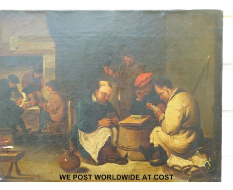 A 19thC oil on canvas, possibly oriental gentlemen playing cards with a further game beyond (34 x 43cm)