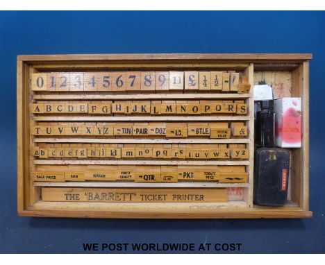 A cased 'The Barrett Ticket Printer' complete with both lower and upper case letters and black and red inks