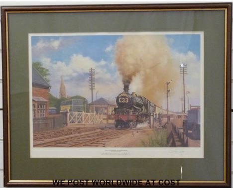 Eric Bottomley signed print 'The Cornishman at Gloucester' GWR steam locomotive at level crossing (40 x 57cm)