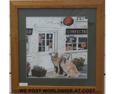 Jane Rees watercolour Nunney post office with dogs waiting (30 x 30cm)