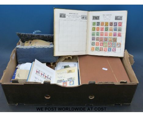 A box of stamps comprising mainly of GB and German issues in stockbooks, first day covers, loose stamps and sundries. 