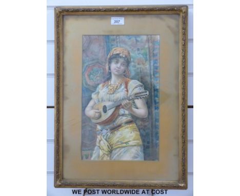 A continental watercolour, possibly Italian, of a lady playing a mandolin, indistinct signature lower right, possibly Pavesy 