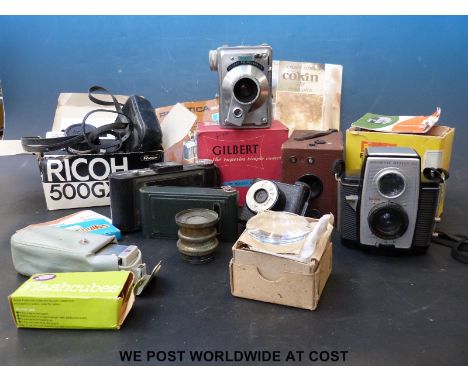 A collection of vintage cameras including some boxed examples, Gilbert, Ricoh & Reflex, folding concertina bellows examples e