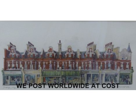 Signed print ' Shopping Along New Kings Road, Parsons Green', signed lower right Peter Michael 2004 (27 x 54cm)