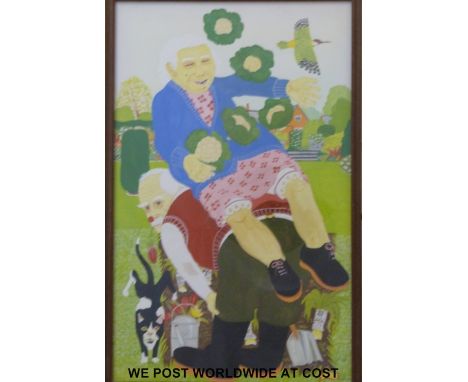 Mervyn Grist 20thC watercolour of a lady and gentleman in their vegetable patch with cottage beyond, signed lower right (51 x
